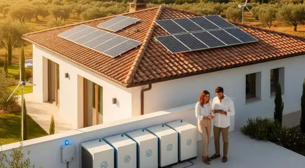 Pareja revisa tablet junto a baterías de autoconsumo en Navarra. Paneles solares y aerogenerador en tejado de casa rural.