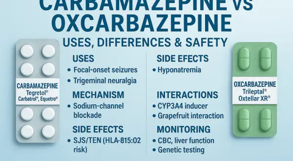 Porównanie karbamazepiny (Tegretol) i okskarbazepiny. Informacje o zastosowaniach, mechanizmie, skutkach ubocznych i interakcjach. Tegretol zamienniki.