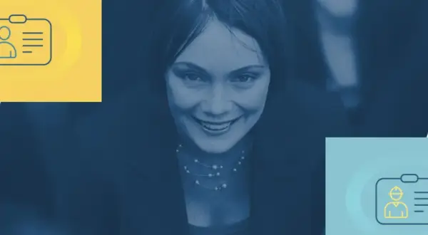 Uśmiechnięta kobieta w garniturze, obok niej ikony identyfikatora podatkowego.