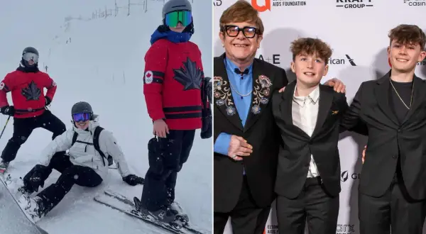 Elton John med sina barn på skidsemester och vid ett event.