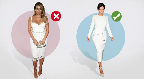 Bimbo girl w koronkowej sukience (złe) vs. elegancka kobieta w białym komplecie (dobre).