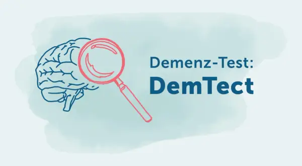 Gehirn mit Lupe, die den DemTect-Test und seine Auswertung symbolisiert.