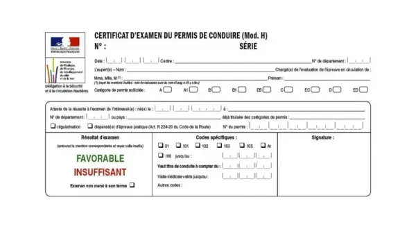Certificat d'examen du permis de conduire, mention "INSUFFISANT" barrée, indiquant un échec à l'examen, ce qui empêche l'obtention du permis provisoire.