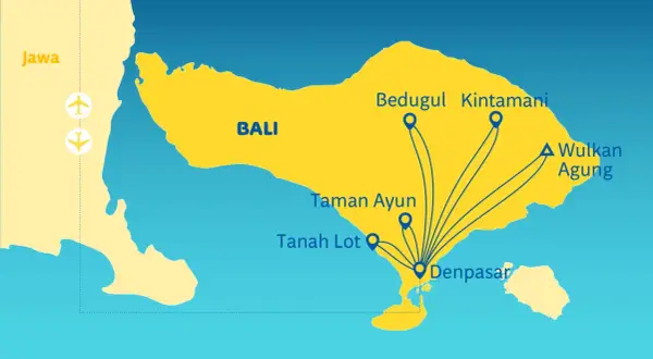Mapa pokazuje, gdzie jest Bali, z zaznaczonymi atrakcjami: Denpasar, Tanah Lot, Taman Ayun, Bedugul, Kintamani i Wulkan Agung.