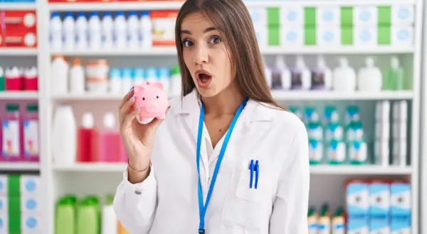 Zaskoczona technik farmacji trzyma skarbonkę, zastanawiając się, ile zarabia technik farmacji.