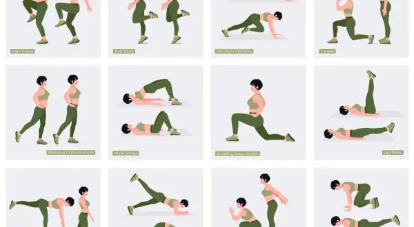Illustrazione di esercizi per i glutei corpo libero: affondi, ponte glutei, donkey kicks e altri movimenti per tonificare.