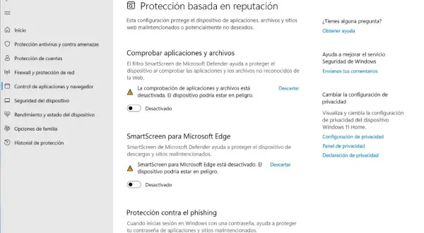 Configuración de Seguridad de Windows: SmartScreen para Microsoft Edge y comprobación de apps desactivadas.