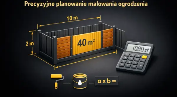 Precyzyjne planowanie malowania ogrodzenia: wymiary 10m x 2m, powierzchnia 40m², kalkulator pokazuje 1080 zł.