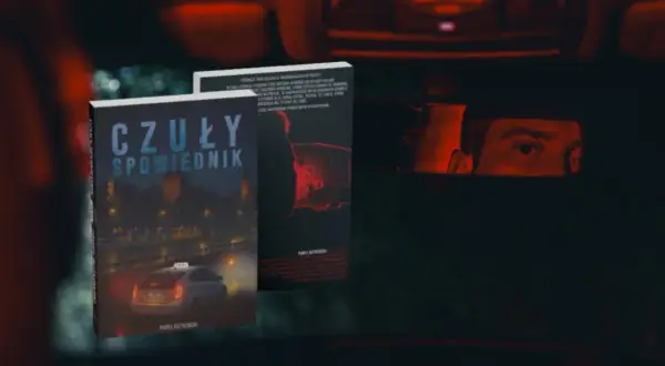 Okładki książek "Czuly Spowiednik" i innej powieści Pawła Rutkowskiego. W lusterku wstecznym odbija się twarz kierowcy.