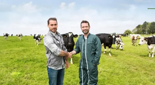 Due uomini si stringono la mano in un prato verde con tanti animali al pascolo.