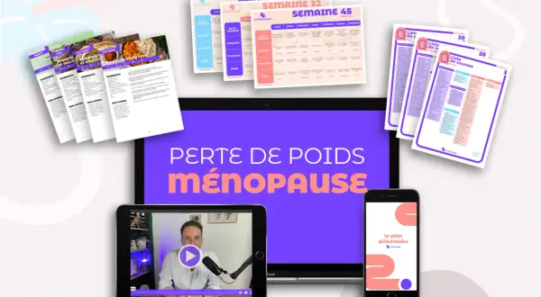Des documents sur comment ne pas prendre de poids à la ménopause : plans alimentaires, listes de courses, recettes et vidéos.