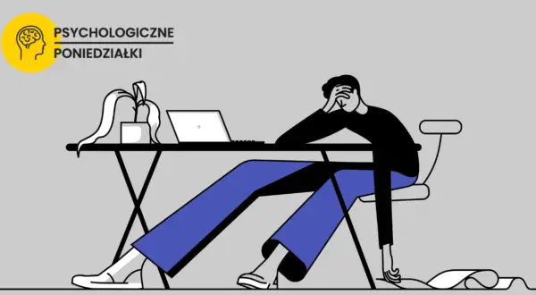 Zrezygnowany człowiek przy biurku z laptopem, szukający sposobu, jak przestać prokrastynować.