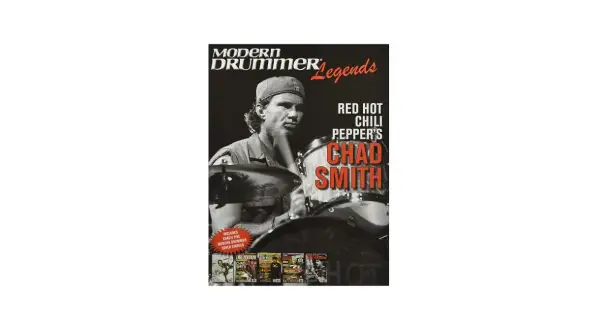 Modern Drummer Legends features Red Hot Chili Peppers' Chad Smith. The cover shows him playing drums, with smaller images of his past magazine covers.