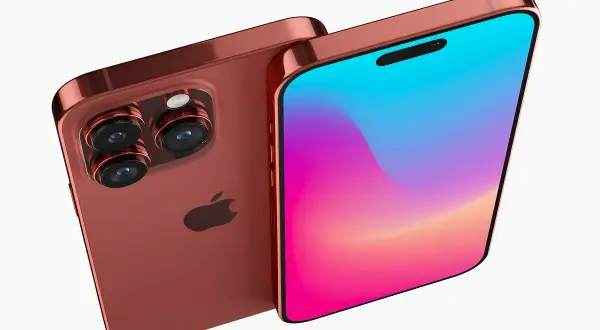 Un aperçu du design de l'iPhone 15, avec son dos rouge cuivré et son écran aux couleurs vives.