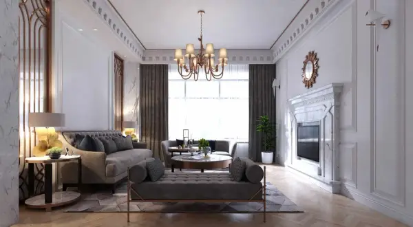Elegancki salon w stylu tradycyjnym z marmurowym kominkiem, wygodnymi sofami i stylowym żyrandolem.