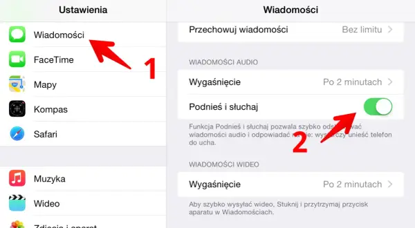 Ustawienia Wiadomości, włącz "Podnieś i słuchaj", aby szybko odsłuchać pocztę głosową.