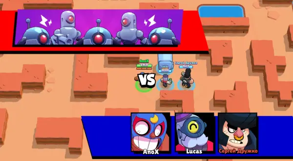 Brawl Stars: kiedy powstał ten mecz? Widzimy postacie z gry, w tym roboty i wojowników, na pustynnej mapie.