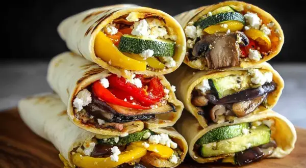 Wrapy z kolorowymi warzywami z airfryera: cukinia, papryka, bakłażan i pieczarki, posypane serem feta. Pyszne i zdrowe!