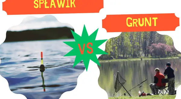 Spławik na wodzie kontra dwaj wędkarze łowiący na gruncie.