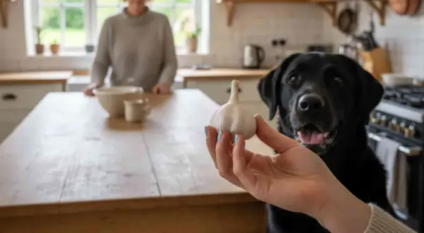 Un perro negro mira atentamente mientras le ofrecen un ajo. ¿Sabías que los perros pueden comer ajo?