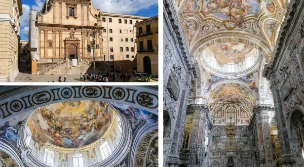 Visiter Palerme : façade d'une église baroque et son intérieur orné de fresques spectaculaires. La coupole est un chef-d'œuvre.