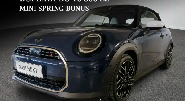Granatowy Mini Cooper z napisem "MINI SPRING BONUS" i informacją o dopłacie do 10 000 zł. Sprawdź atrakcyjną mini cooper cena!