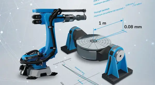 Precyzyjna przekładnia falowa w akcji. Robot przemysłowy i obrotnica z danymi technicznymi, pokazującymi minimalne luzy i straty histerezy.