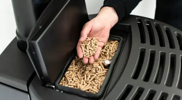 Dłoń wsypuje pellet do zasobnika pieca. Idealny piec na pellet do domu 120m2 to ekologiczne i ekonomiczne rozwiązanie.