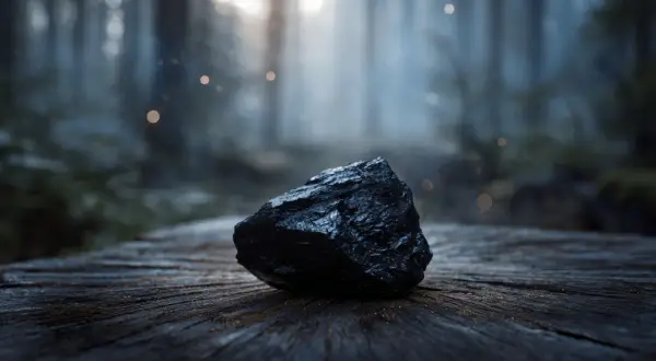 Piedra shungit oscura y brillante sobre madera rústica, con un bosque brumoso y luces bokeh al fondo.