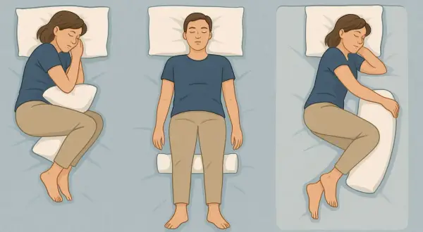 Posizioni per dormire: supino con cuscino tra le ginocchia per alleviare il nervo sciatico gamba sinistra, o su un fianco con cuscino tra le gambe.