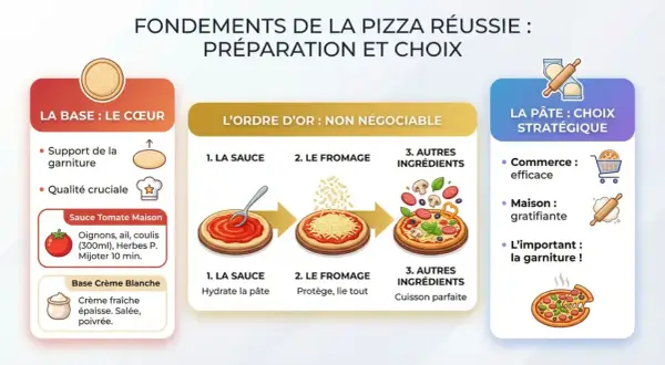 Infographie sur les étapes de préparation d'une pizza réussie, de la base à la garniture, avec une mention spéciale pour la sauce tomate maison.
