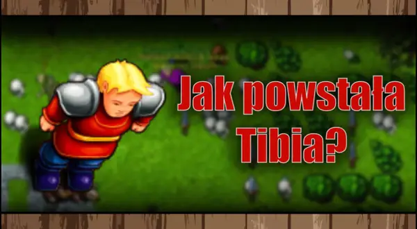 Postać z gry tibia w czerwonej tunice i niebieskich spodniach, obok napis "Jak powstała Tibia?".