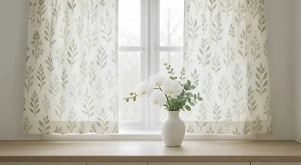 Tende fai da te con delicato motivo botanico, perfette per un tocco naturale. Un vaso di orchidee bianche completa l'arredo.