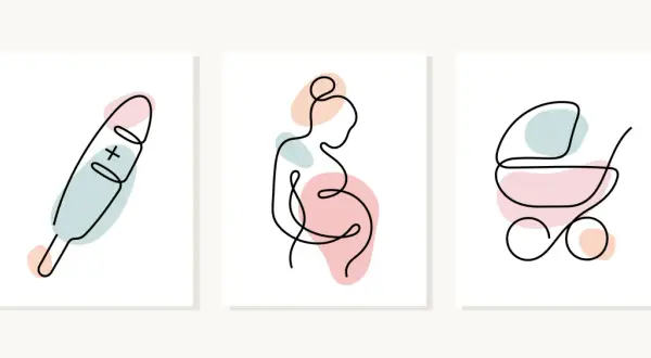 Trzy minimalistyczne grafiki: termometr, ciężarna kobieta i wózek dziecięcy. Opowiadają historię, jak robi się dzieci.