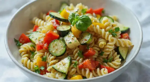Kolorowa sałatka z makaronem fusilli, cukinią, pomidorami i papryką, udekorowana bazylią.