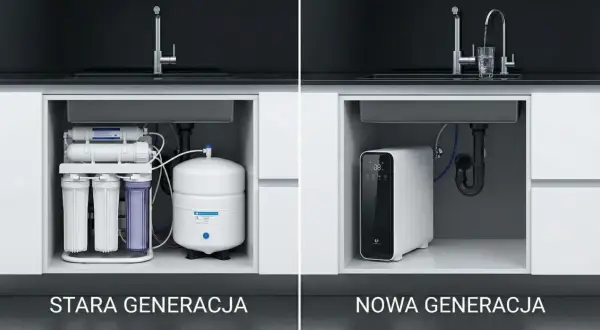 Porównanie rodzajów filtrów do wody: stara generacja z wieloma elementami i nowa, kompaktowa jednostka.