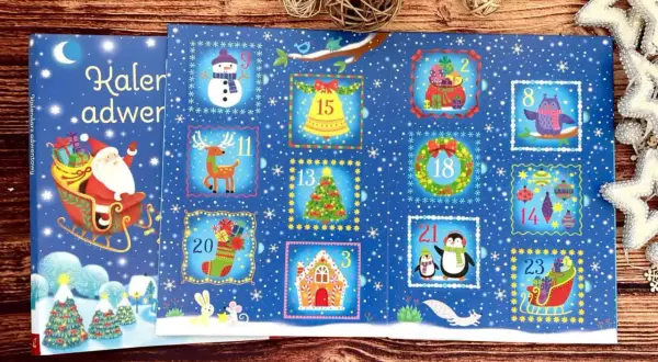 Kolorowy kalendarz adwentowy Wilga z Mikołajem i świątecznymi obrazkami. Odliczaj dni do świąt z reniferem, bałwanem i pingwinami.