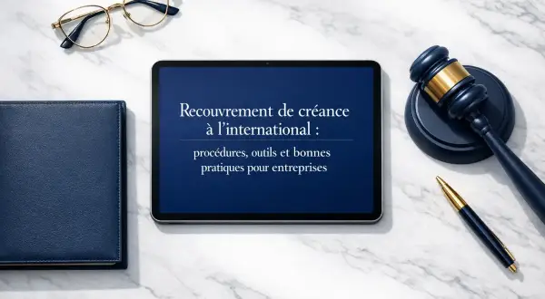 Tablette affichant "Recouvrement de créance à l'international". Un marteau de juge, un stylo, des lunettes et un carnet sont disposés sur un bureau en marbre, suggérant des démarches juridiques pour les dettes dans un autre pays.