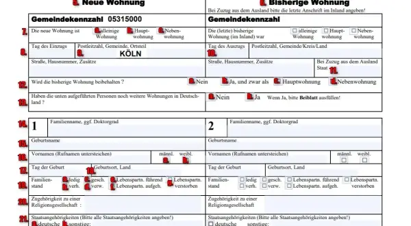 Formular Anmeldung. Sekcja "Neue Wohnung" zawiera dane dotyczące nowego miejsca zamieszkania, w tym adres w Kolonii. Meldunek jest kluczowy.
