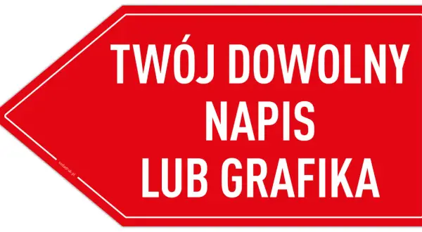 Czerwony baner w kształcie strzałki z białym napisem: "TWÓJ DOWOLNY NAPIS LUB GRAFIKA".