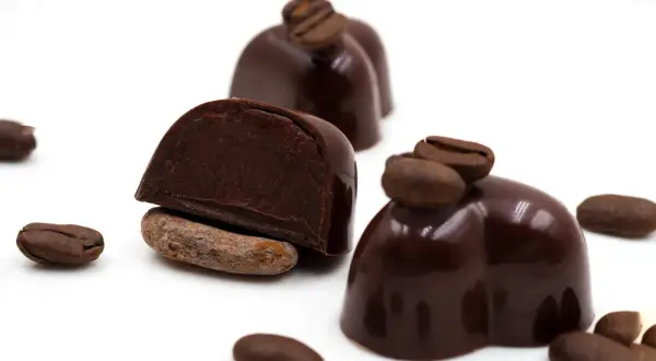 Mörka, glansiga veganska praliner med kaffebönor och kakaobönor. Ett recept för njutning.