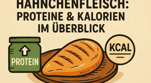 Hähnchenfleisch: Proteine & Kalorien im Überblick. Ein grüner Behälter mit "PROTEIN" und ein Brotlaib auf einem Teller.