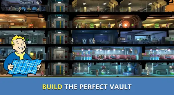 Vault Boy z mapą planuje rozbudowę podziemnego schronu w grze Fallout Shelter Online.