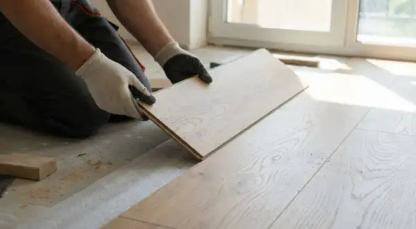 Ręce w rękawiczkach układają drewniany panel. To pierwszy krok, by dowiedzieć się, jak naprawić spuchnięte panele podłogowe.