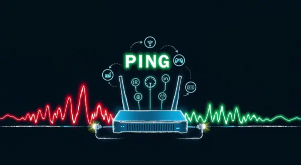 Router z ikonami symbolizującymi różne aktywności online, otoczony wykresami sygnału. PING to klucz do szybkiego internetu.