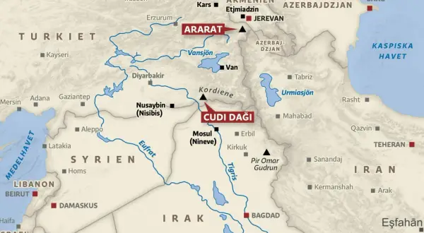 Karta över Mellanöstern med fokus på Mesopotamien. Cudi Daği markerad, där Noaks ark landade noak på.