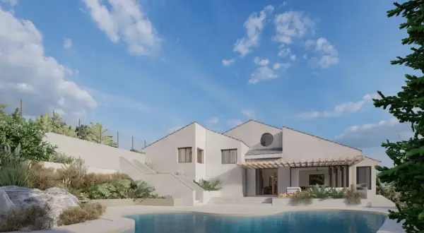 Casa moderna con piscina y jardín, mostrando diversos tipos de revestimientos de fachadas exteriores en tonos neutros.