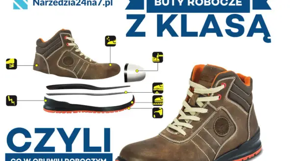 Buty robocze z klasą – zobacz, jakie buty robocze są najważniejsze. Rozłożony na części but roboczy z opisem elementów.