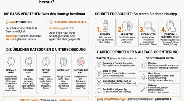 Welcher Hauttyp bin ich? Anleitung zur Selbsteinschätzung: Talgproduktion & Feuchtigkeitshaushalt prüfen. Test & Beobachtung helfen.