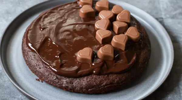 En saftig fransk chokladtårta täckt med chokladglasyr och dekorerad med små chokladhjärtan.